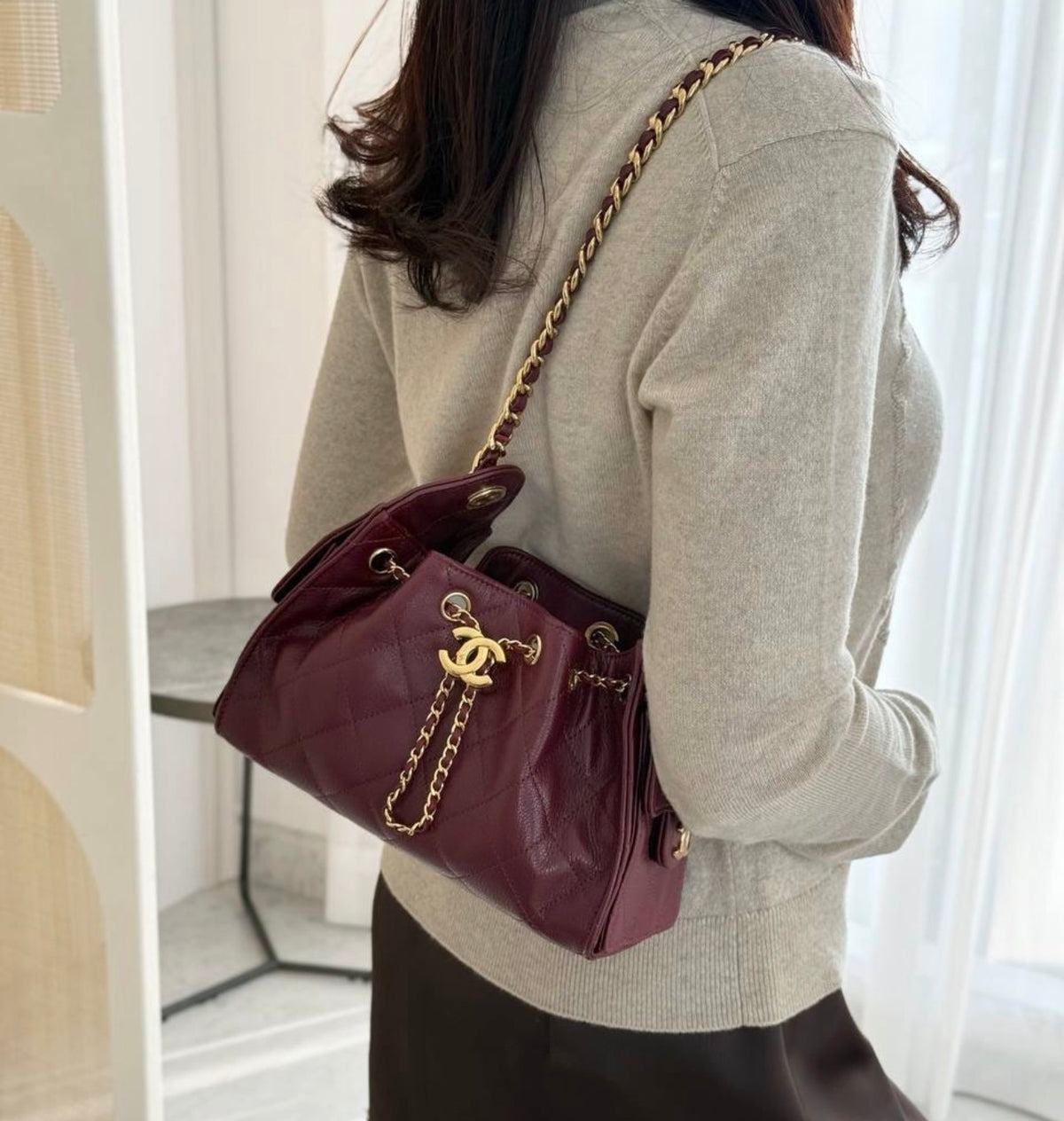 Chanel Hobo 25 Mini with Brand Box Packaging (Genuine leather) - Deep Burgundy