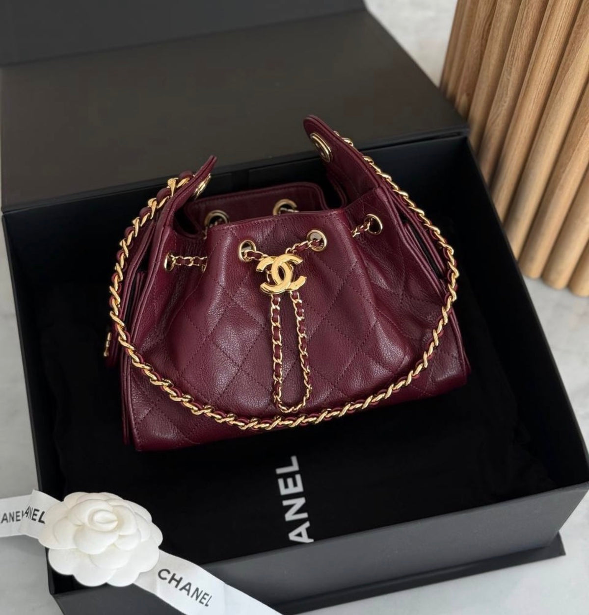 Chanel Hobo 25 Mini with Brand Box Packaging (Genuine leather) - Deep Burgundy