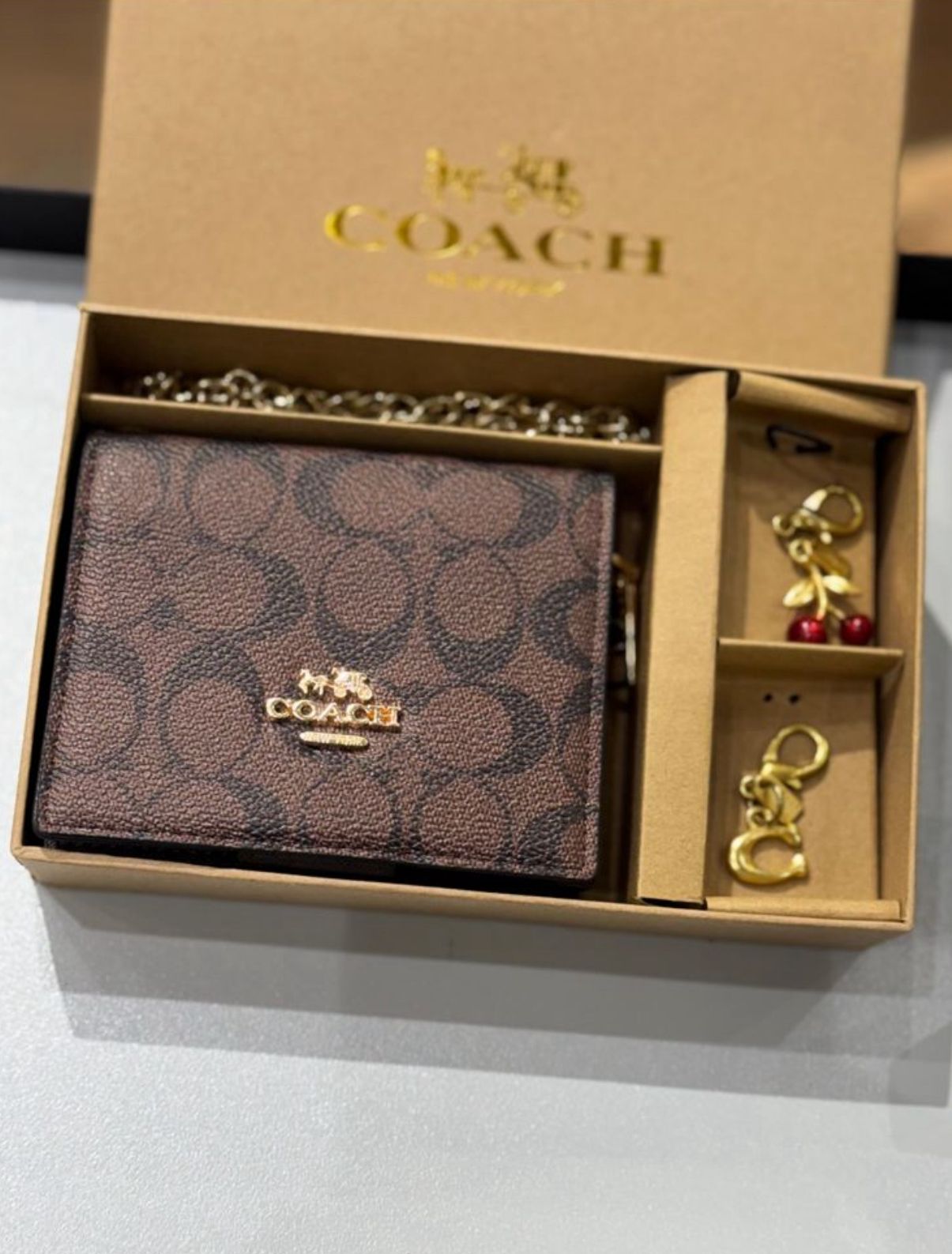 Coach mini wallet on a chain gift set (Coffee brown)